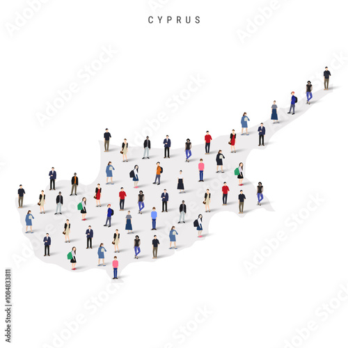 Cyprus population map. Large group of realistic a diverse crowd of people figures in a shape of Cypriot map. Flat vector illustration isolated on white.