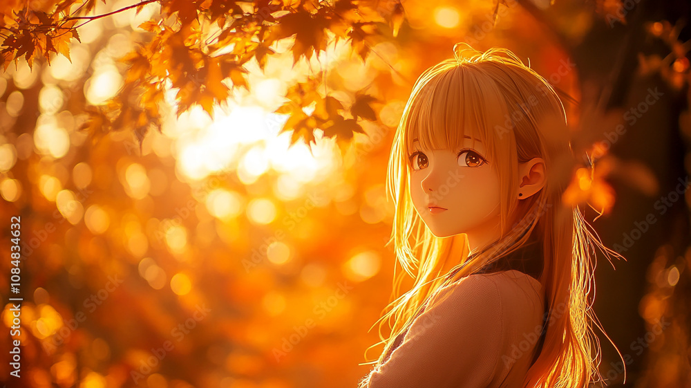 Fototapeta premium A young woman enjoys a serene autumn sunset surrounded by colorful foliage in a tranquil park