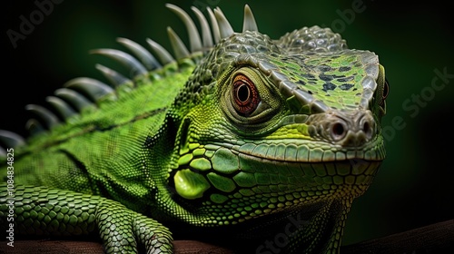 A detailed view of a green iguana's face, highlighting its expressive eyes, prominent spines, and intricate scale patterns, with a soft, blurred natural background.