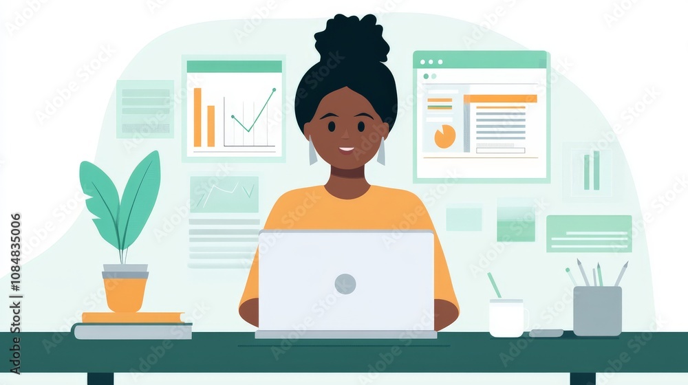 Obraz premium Woman Working on Laptop with Data Analysis Charts