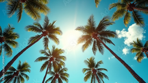 Sunlight Streaming Through Palm Trees Against a Clear Blue Sky on a Tropical Island.