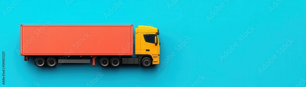 A vibrant yellow truck with an orange container on a bright blue background, showcasing a modern and playful design.