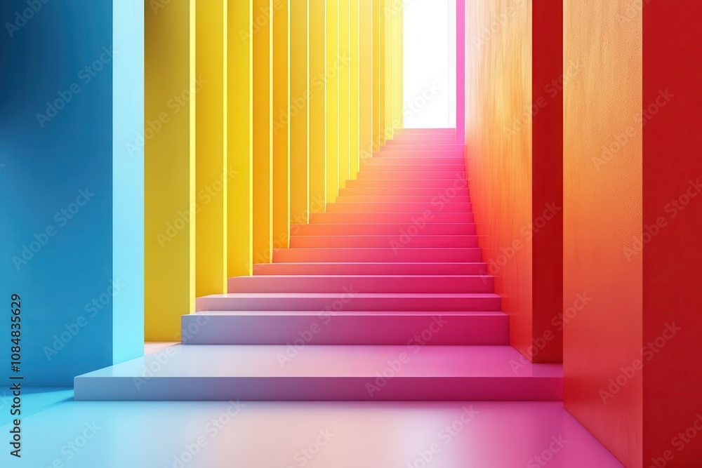 A vibrant staircase with colorful walls, leading towards a bright light, creating an inviting and energetic atmosphere. A vibrant staircase with colorful walls, leading towards a bright light, creating an inviting and energetic atmosphere.
