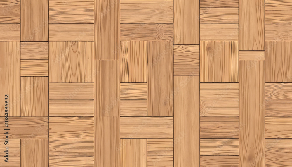 Fototapeta premium Rough parquet floor with a geometric pattern. Brown seamless wooden background. Wood texture, magazine photoshoot