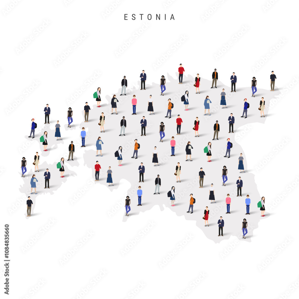 Estonia population map. Large group of realistic a diverse crowd of people figures in a shape of Estonian map. Flat vector illustration isolated on white. Estonia population map. Large group of realistic a diverse crowd of people figures in a shape of Estonian map. Flat vector illustration isolated on white.
