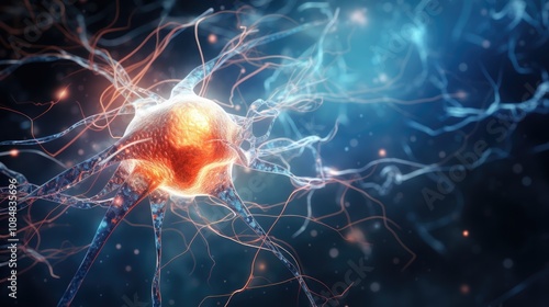 A dynamic illustration of a human brain with neuron networks firing in real-time, displaying electrical impulses and neurotransmitters moving across synapses with high detail.