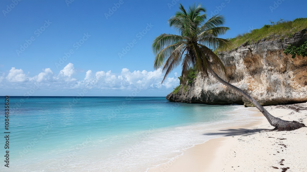 Fototapeta premium A serene beach scene with a palm tree and calm turquoise waters under a clear blue sky.
