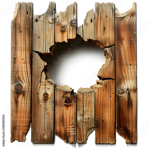 hole breaking through wooden wall, cut out highlighted by white, png photo