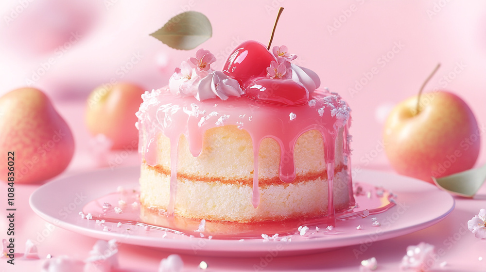 A charming pink cake topped with cherries and delicate flowers sits on a pastel plate A charming pink cake topped with cherries and delicate flowers sits on a pastel plate