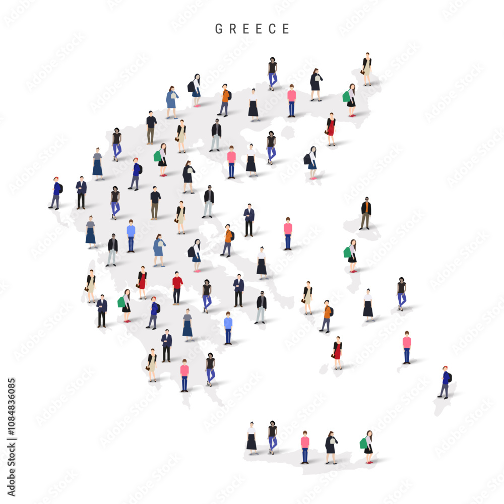 Greece population map. Large group of realistic a diverse crowd of people figures in a shape of Greek map. Flat vector illustration isolated on white. Greece population map. Large group of realistic a diverse crowd of people figures in a shape of Greek map. Flat vector illustration isolated on white.