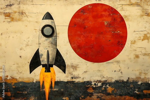 A retro-style rocket launching against a large red circle.