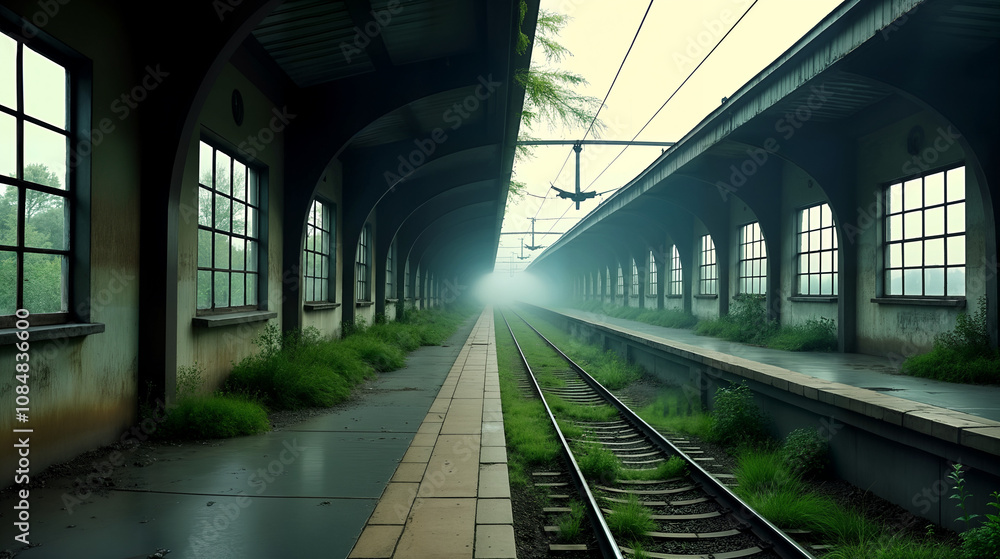 Fototapeta premium Desolate Train Station Overrun by Nature in a Post-Apocalyptic Landscape with Broken Structures