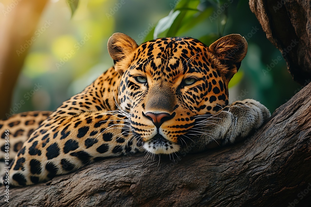 Obraz premium A close-up of a resting leopard on a tree branch.