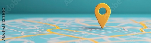 A zoomed-in view of a map with a bright yellow location pin indicating a specific spot on a teal background.
