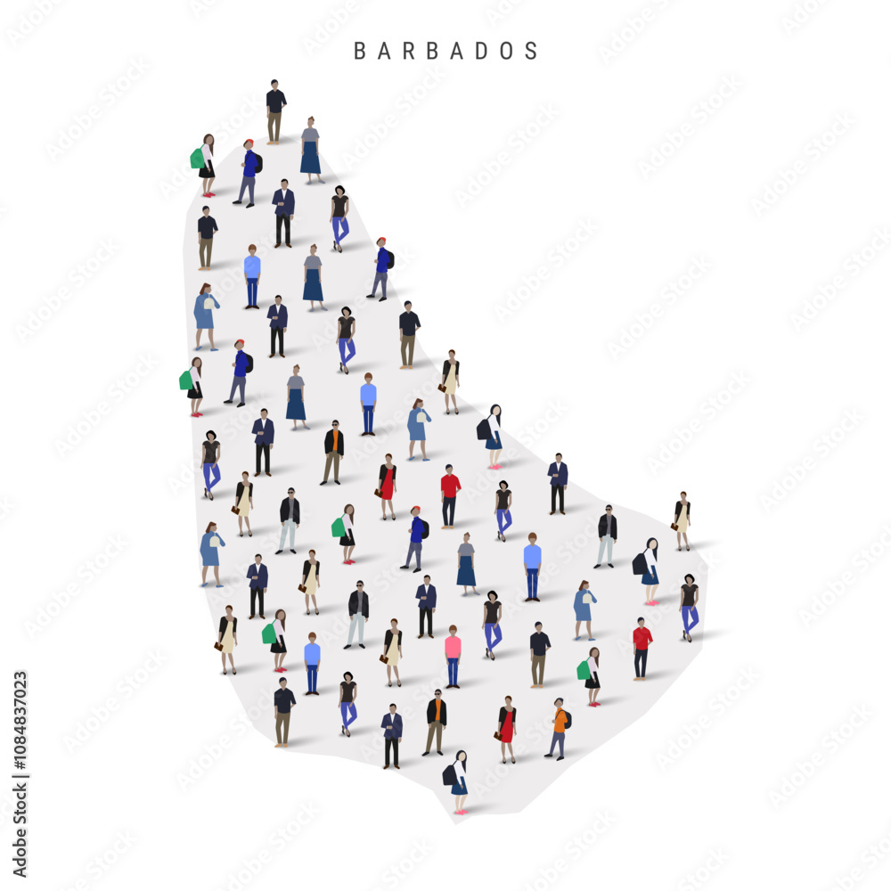Barbados population map. Large group of realistic a diverse crowd of people figures in a shape of Barbadian map. Flat vector illustration isolated on white. Barbados population map. Large group of realistic a diverse crowd of people figures in a shape of Barbadian map. Flat vector illustration isolated on white.