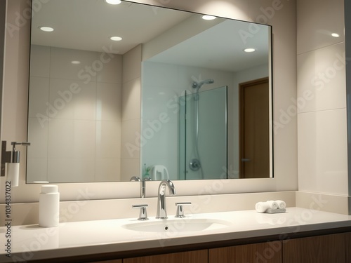 A clean bathroom with a large mirror reflecting the shining faucet and tidy surroundings, organized, reflection
