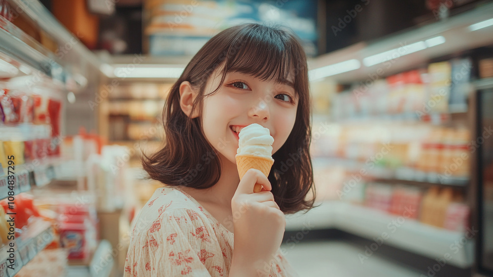 Young girl enjoying ice cream cone while shopping in a brightly lit convenience store Young girl enjoying ice cream cone while shopping in a brightly lit convenience store