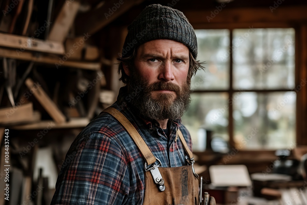 A rugged craftsman in a workshop, focused and determined. A rugged craftsman in a workshop, focused and determined.