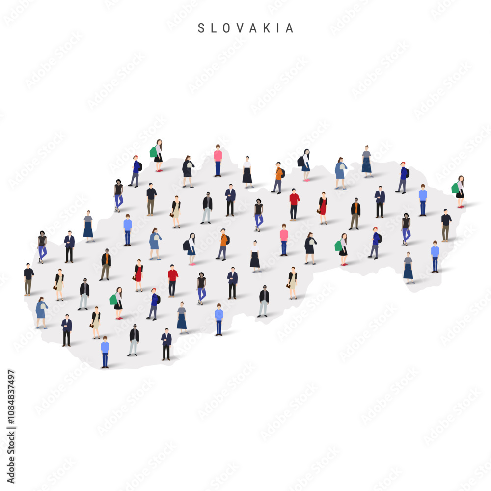 Slovakia population map. Large group of realistic a diverse crowd of people figures in a shape of Slovak map. Flat vector illustration isolated on white. Slovakia population map. Large group of realistic a diverse crowd of people figures in a shape of Slovak map. Flat vector illustration isolated on white.