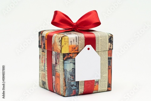Vintage Gift Box with Red Ribbon and Blank Tag