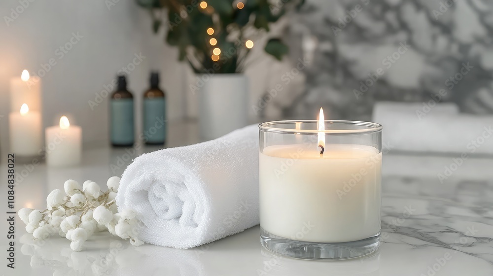 Soothing Spa Setting with Aromatic Candle, Soft Towels, and Tranquil Background for Relaxation and Wellness Enhancement in a Modern Bathroom Decor Soothing Spa Setting with Aromatic Candle, Soft Towels, and Tranquil Background for Relaxation and Wellness Enhancement in a Modern Bathroom Decor
