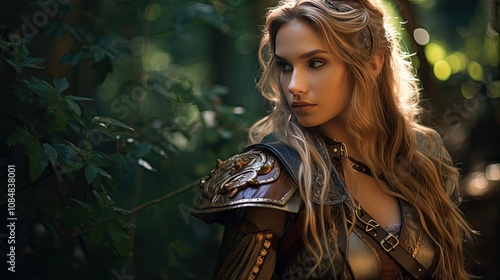 A graceful elf warrior archer, clad in intricate leather armor and wielding a beautifully crafted bow, silently navigating through an enchanting fairy tale forest bathed in moonlight.  photo