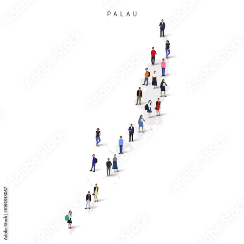 Palau population map. Large group of realistic a diverse crowd of people figures in a shape of Palauan map. Flat vector illustration isolated on white.