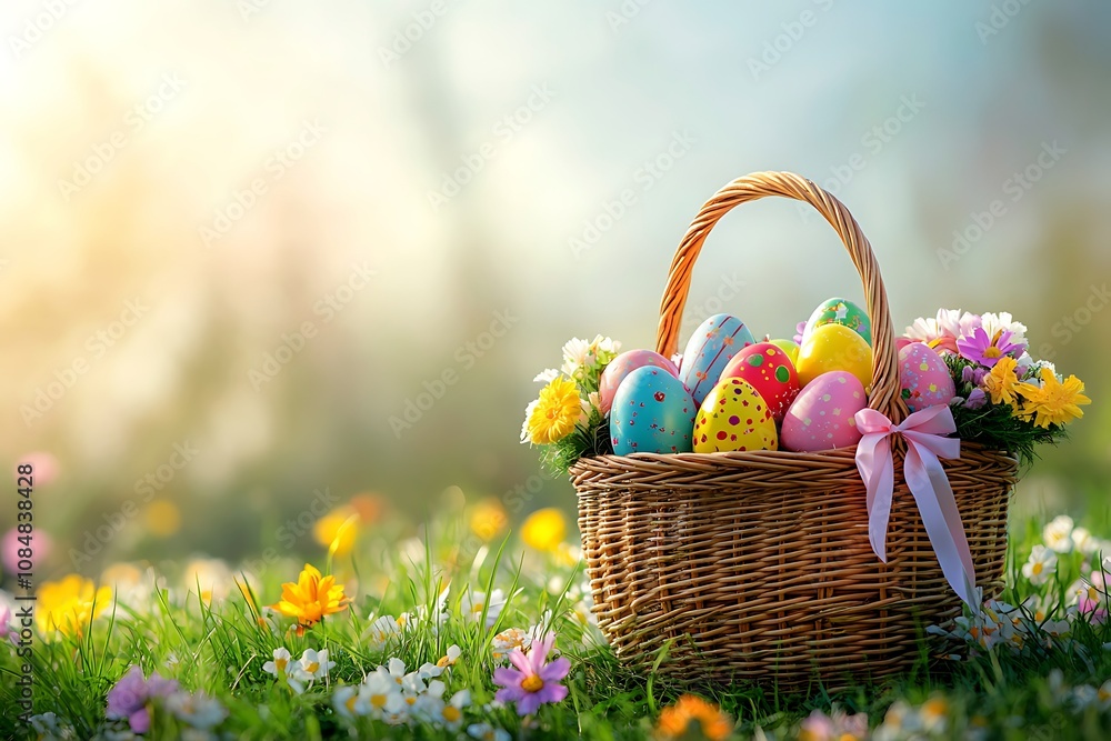 A basket filled with colorful Easter eggs amidst blooming flowers. A basket filled with colorful Easter eggs amidst blooming flowers.