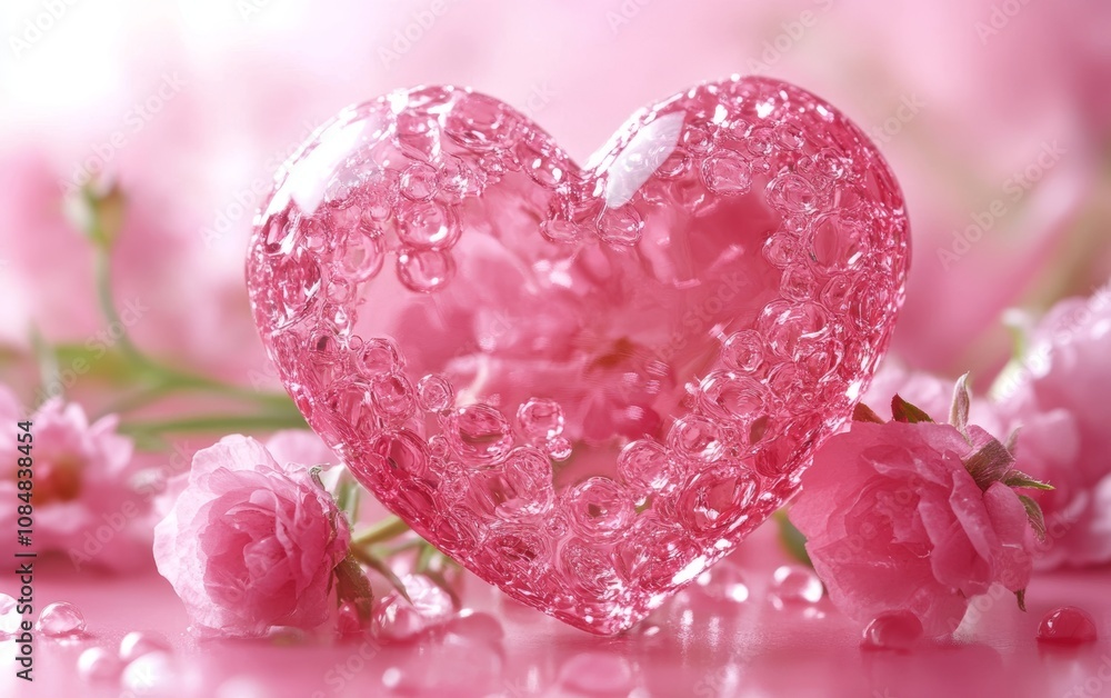 A heart made of glass sits on a table with pink flowers A heart made of glass sits on a table with pink flowers