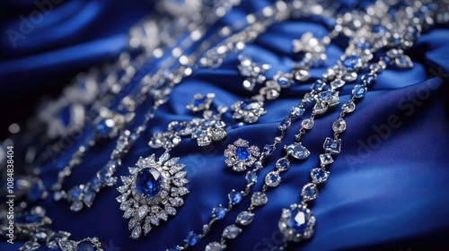 Elegant Close-Up of Sparkling Jewelry Adorned on Luxurious Blue Fabric Showcasing Intricate Designs and Brilliant Gemstone Details for Fashion and Event Inspiration