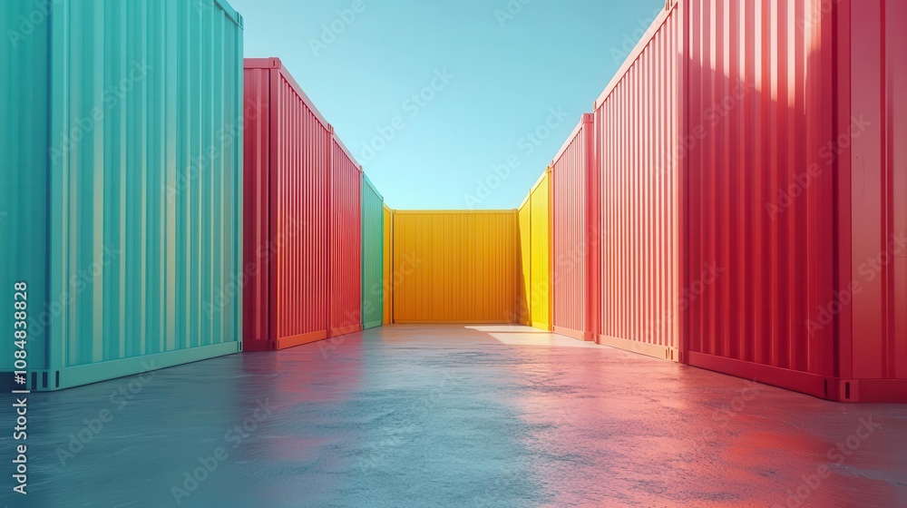 A vibrant alleyway lined with colorful shipping containers, creating a lively and modern aesthetic against a clear blue sky. A vibrant alleyway lined with colorful shipping containers, creating a lively and modern aesthetic against a clear blue sky.
