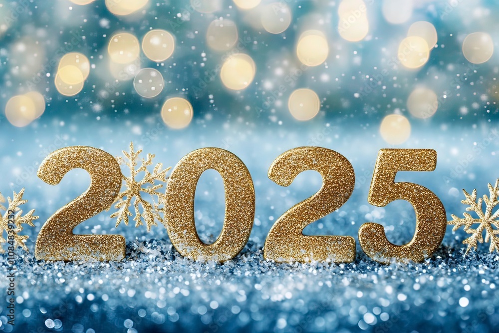 Golden 2025 numbers glowing on sparkling blue background with bokeh lights and snowflake with generative ai Golden 2025 numbers glowing on sparkling blue background with bokeh lights and snowflake with generative ai