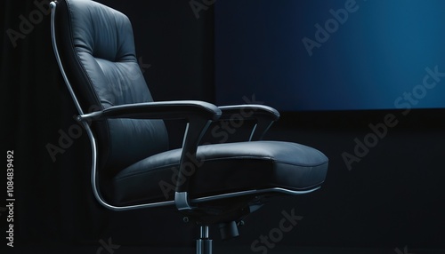 Black leather office chair on a beige background The chair is modern and stylish with a high back and chrome accents 104 photo