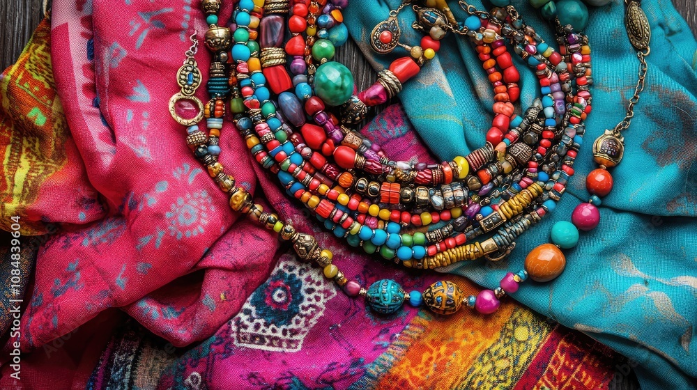 Vibrant Collection of Multicolored Beaded Necklaces and Textiles with Intricate Patterns Displayed on a Wooden Surface Vibrant Collection of Multicolored Beaded Necklaces and Textiles with Intricate Patterns Displayed on a Wooden Surface