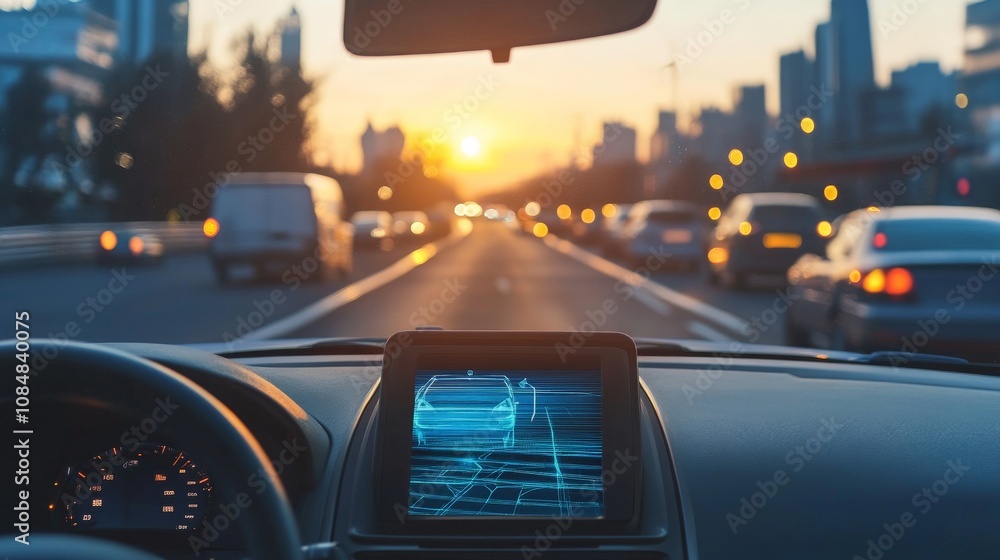 Sunset Cityscape View From Car Dashboard Display Sunset Cityscape View From Car Dashboard Display