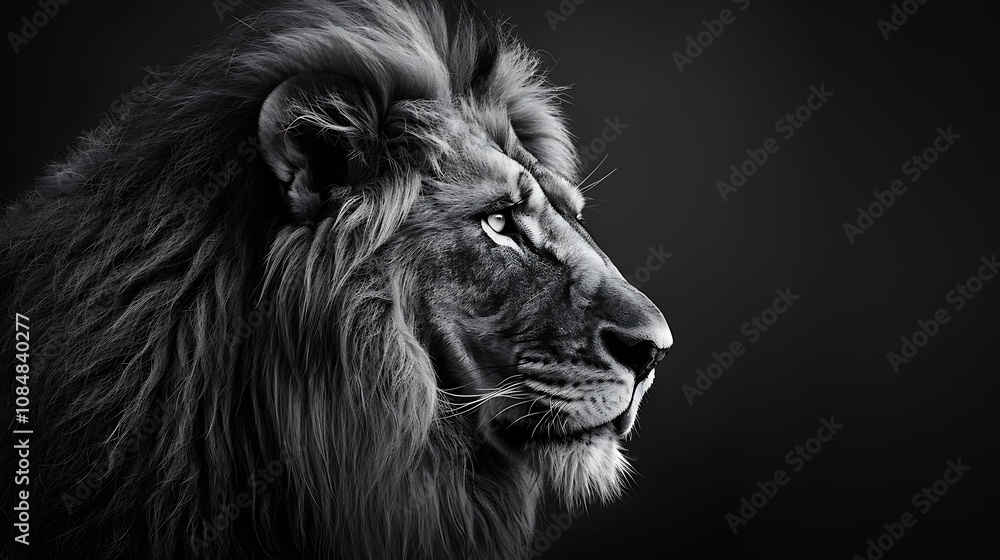 A striking black-and-white profile of a lion, showcasing its majestic mane and intense gaze. A striking black-and-white profile of a lion, showcasing its majestic mane and intense gaze.
