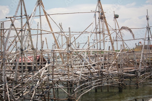 Bamboo fish traps intricately constructed over water, showcasing traditional fishing techniques and natural materials photo