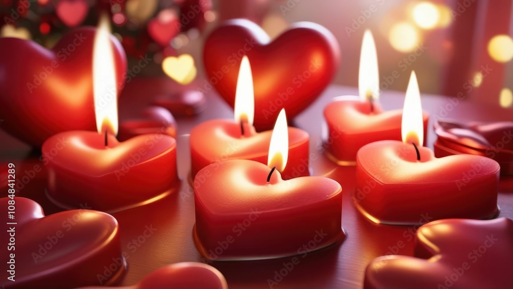 Heart-shaped candles gently flicker, creating a warm and romantic ambiance against a backdrop of soft bokeh lights, perfect for celebrations of love. Heart-shaped candles gently flicker, creating a warm and romantic ambiance against a backdrop of soft bokeh lights, perfect for celebrations of love.