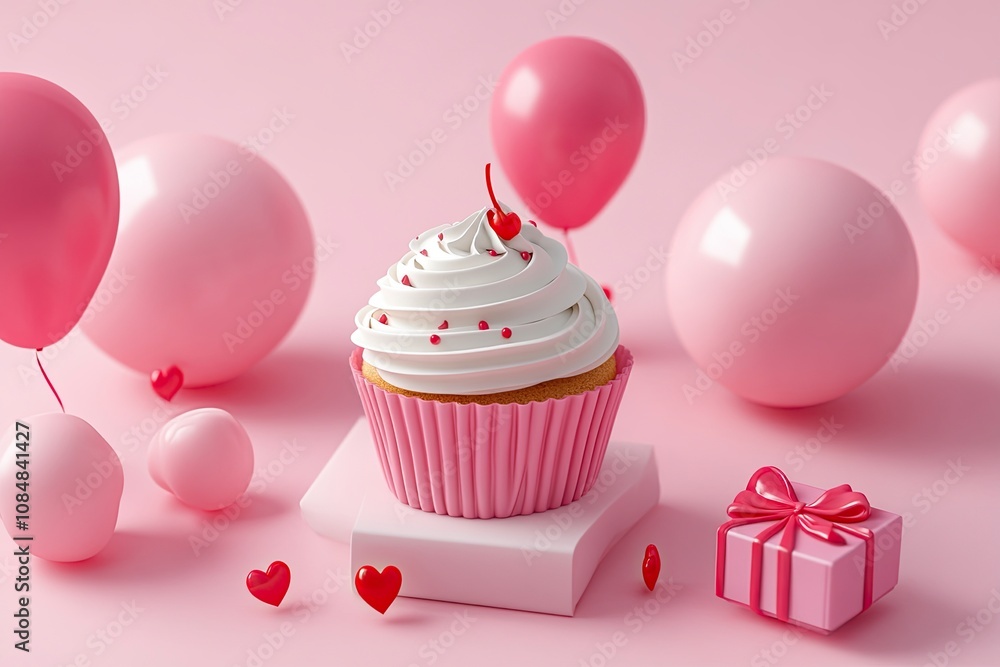 3D banner template designed with cupcakes, balloons and gift boxes. Pink background. 3D banner template designed with cupcakes, balloons and gift boxes. Pink background.