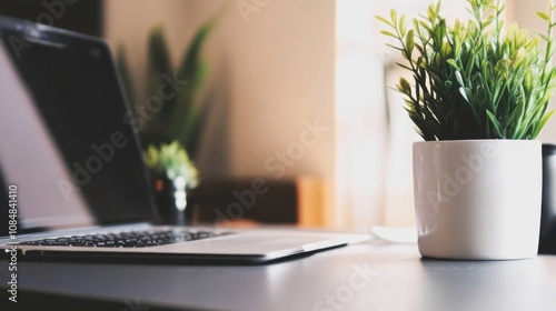 Wallpaper Mural Minimalist workspace with a laptop, white vase, and green plant on a gray desk Torontodigital.ca
