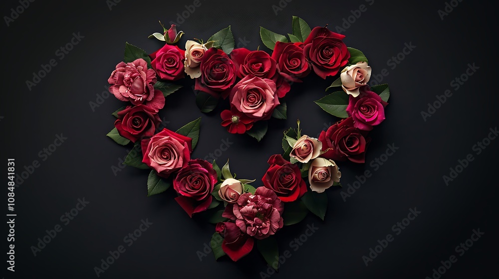 A heart-shaped arrangement of various roses in shades of red and pink, symbolizing love and affection. A heart-shaped arrangement of various roses in shades of red and pink, symbolizing love and affection.