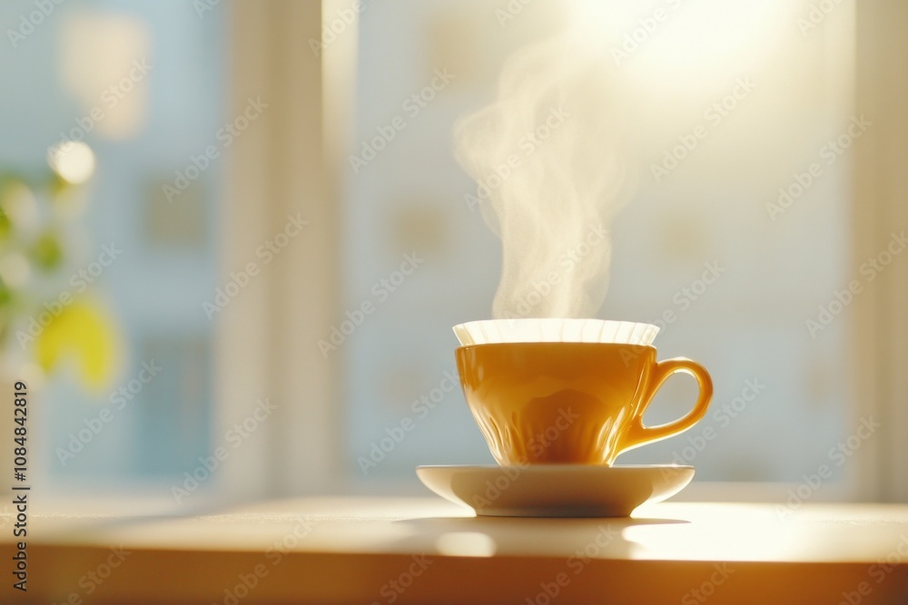 Warm cup of coffee with steam on a sunlit table. Warm cup of coffee with steam on a sunlit table.
