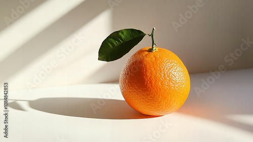 A bright orange with a tiny green stem and leaf, its textured skin reflecting sunlight beautifully, set against a pristine white background for a fresh, clean look