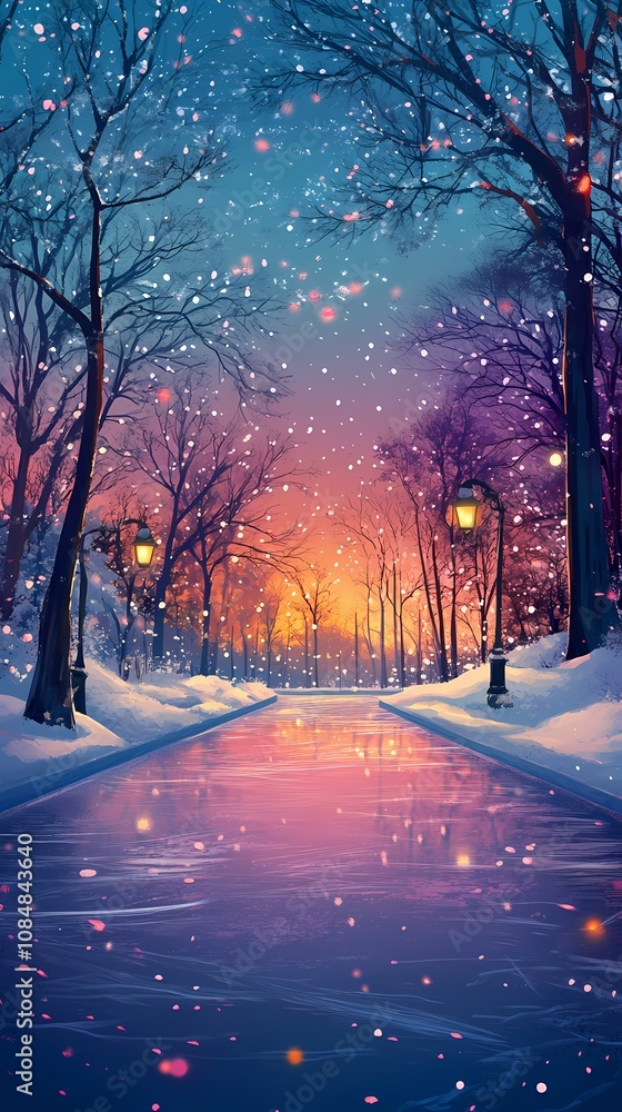A serene winter landscape with a glowing sunset, snow-covered trees, and a reflective waterway. A serene winter landscape with a glowing sunset, snow-covered trees, and a reflective waterway.
