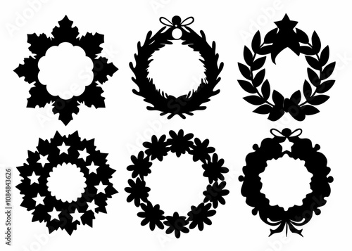 Set of Christmas wreath silhouette vector black on white background