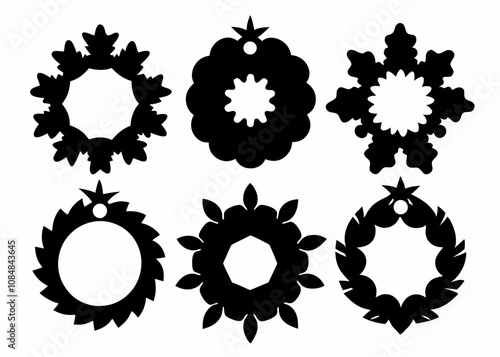 Set of Christmas wreath silhouette vector black on white background