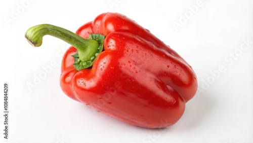 A single, ripe red bell pepper with water droplets, showcasing its vibrant color and fresh appearance