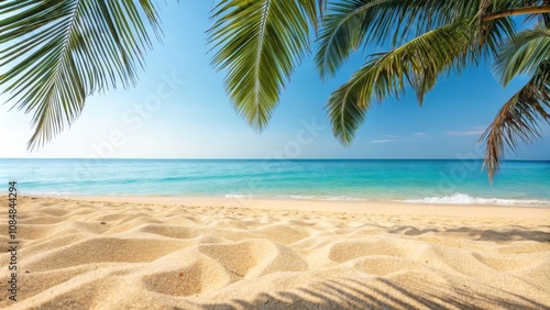 Serene Beach Scene Golden Sand  Azure Waters  and Lush Palm Fronds
