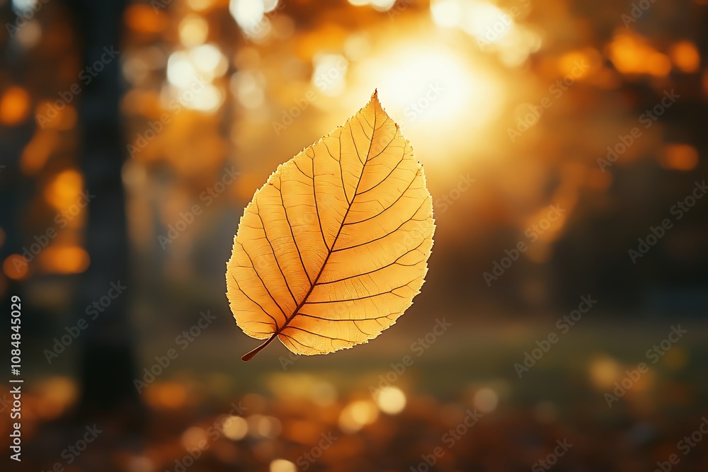 A glowing autumn leaf suspended in a serene forest background. A glowing autumn leaf suspended in a serene forest background.