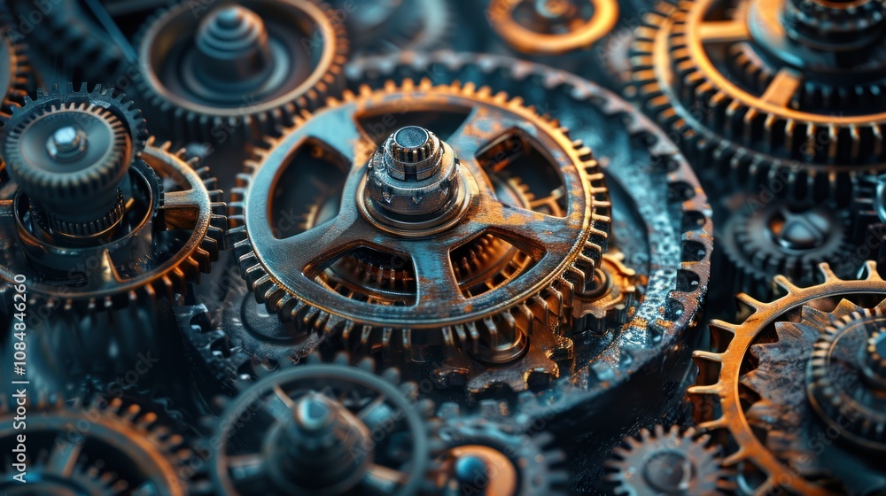 A close-up view of intricate metal gears interlocked and working together in a complex machine. A close-up view of intricate metal gears interlocked and working together in a complex machine.